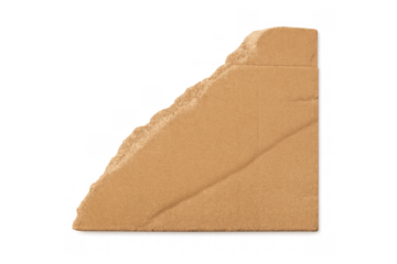 Torn brown cardboard piece with jagged edge, triangular shape, illustrating concept of destruction or change, isolated