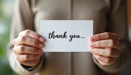 Hands hold white card with handwritten text thank you. Soft lighting creates warm atmosphere. Person expresses gratitude with simple gesture, conveying sincere appreciation and positive vibes.