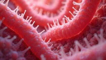 Microscopic view of intestinal villi. Tiny projections line the digestive tract absorbing nutrients. Intricate cellular structures aid in food processing for bodily functions and health.
