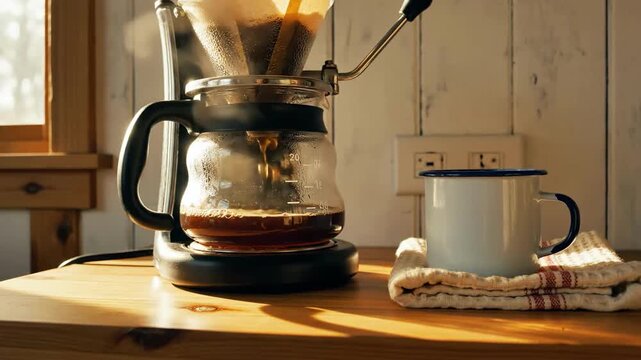 Brewing Ritual Aromatic Coffee In Morning Sunlight Pour Over Method On Wooden Countertop