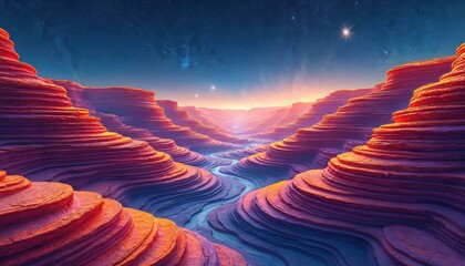 Surreal canyon landscape at night with layers of colorful rock formations and a winding river. Starry sky above shows vibrant celestial patterns and bright lights. Digital art.