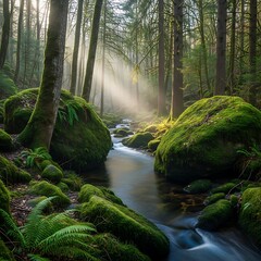 Beams of sunlight penetrate dense woodland illuminating a moss covered stream bed