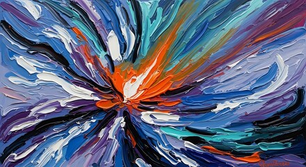 Thick impasto oil painting displays vibrant colors exploding from a central bright point