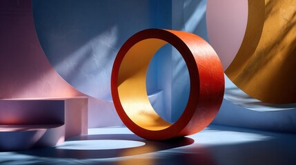 Vibrant abstract sculpture with colorful geometric shapes and dynamic lighting effects