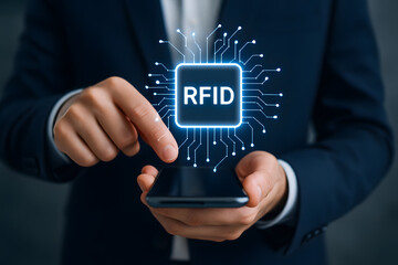 RFID, Radio Frequency Identification concept. Electronic data storage system that enhances computational capabilities and data security.