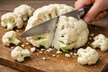 Preparation of organic cauliflower florets on rustic wood.