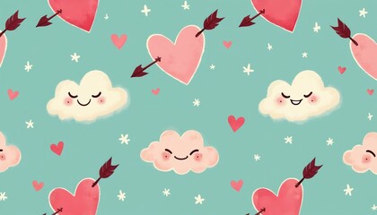 Cute seamless pattern of hearts pierced by arrows and happy clouds. Playful design with bright colors for romantic themes and kids decorations. Fun love graphic for cards and fabric.