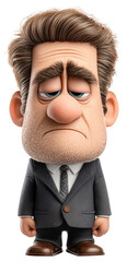 Cartoon businessman oversized head exhausted expression drooping eyelids sad face suit tie stubble brown hair big nose Cartoon businessman with oversized head, exhausted expression, isolated