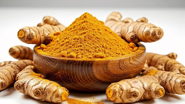 Captivating Turmeric Display: Golden Powder in Wooden Bowl Surrounded by Fresh Roots
