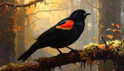 Digital painting of a striking bird perched on a branch in a vibrant, sun-dappled forest scene. The bird has bold red and yellow markings
