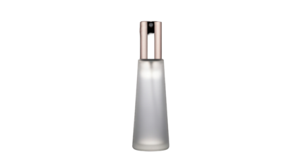 Sophisticated frosted glass bottle with metallic accents against a stark black backdrop creating