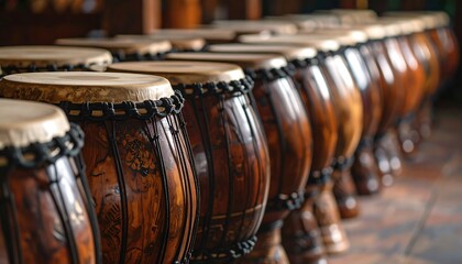 Close-up of multiple brown wooden drums with tight rope wraps, showcasing the varied wood grains and leather skins