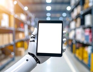 Robot hand holding a tablet with a blank screen in a warehouse