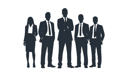 A diverse group of five professionals in business attire standing together, symbolizing teamwork and corporate success.
