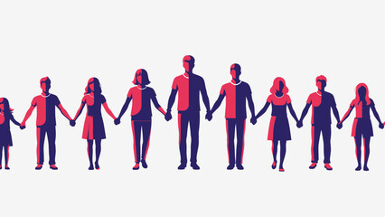 A diverse group of people of varying ages and genders holding hands in a line, symbolizing unity and connection.