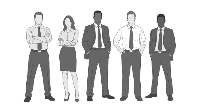 A diverse group of five professionals, including men and women of varying ethnicities, stand confidently in business attire. - Powered by Adobe