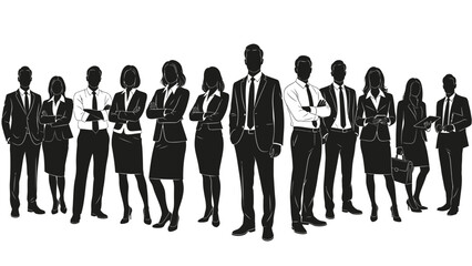 A diverse group of business professionals standing together in a unified stance, showcasing teamwork and collaboration.