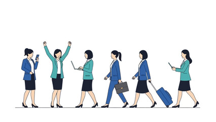 Fototapeta premium A line of businesswomen in suits, each engaged in a different activity, illustrating career progression and diverse professional roles.