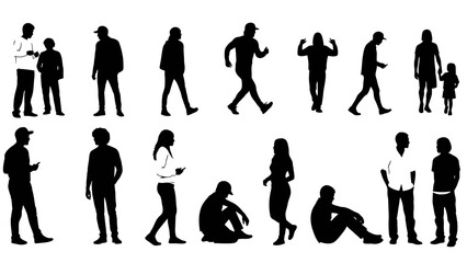 Obraz premium A collection of diverse black silhouettes of people in various poses and activities, set against a white background.