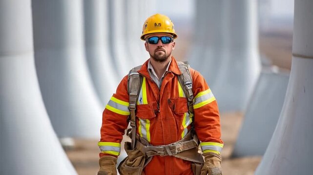 Industry Professional in Focus: A determined industry professional, clad in protective gear and a helmet, stands confidently against a backdrop of industrial infrastructure.