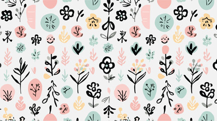 Vector illustration featuring a spring element pattern with a flat design style, incorporating a vibrant color palette with pastel hues of soft pink, baby blue