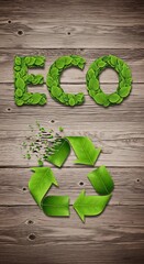 Three-dimensional green foliage letters spelling 'ECO' appear above a recycling symbol made of leaves on a wooden background.