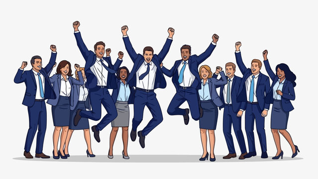 A diverse group of business professionals in suits joyfully jumping in the air, celebrating a successful achievement together.