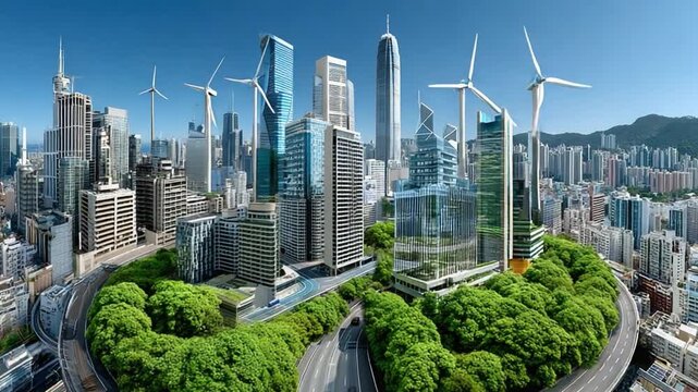 Eco-City: A sustainable metropolis of the future, where modern skyscrapers harmonize with lush greenery, powered by renewable wind energy.