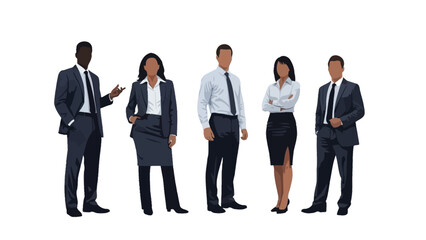 A diverse group of five professionals in business attire standing against a white background.