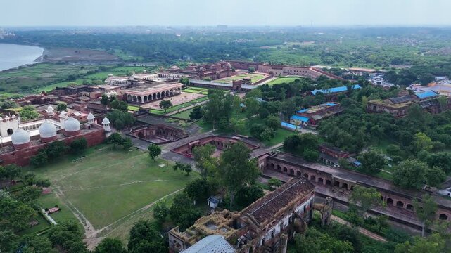 Aerial view of Agra Fort, a UNESCO World Heritage monument in Agra, India
