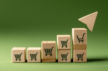 Wooden blocks, shopping carts, and a growth arrow on a green surface