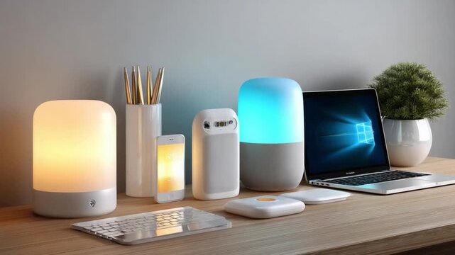 Illuminating Workspace: Modern desk setup featuring a collection of stylish lamps and technology. Perfect for contemporary decor.