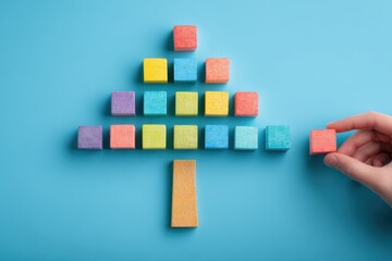 Colorful blocks arranged to form a tree shape on a light blue background. A hand is placing a block