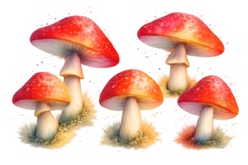 Red cap mushrooms growing in lush grass, creating an enchanted forest scene with a magical fairytale style