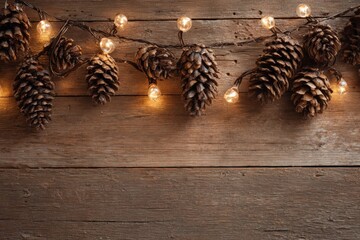 Rustic Christmas lights and pine cones on wood