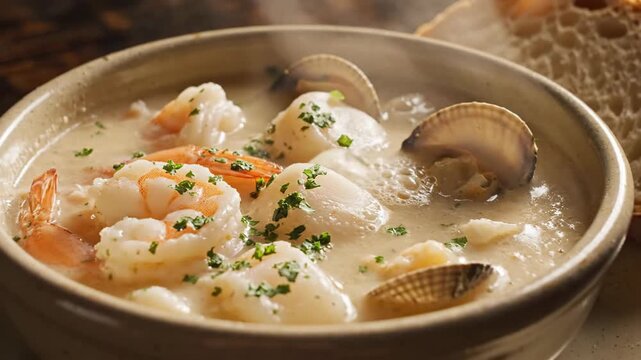 A creamy seafood bisque with shrimp, scallops, and clams, garnished with herbs, served in a rustic bowl