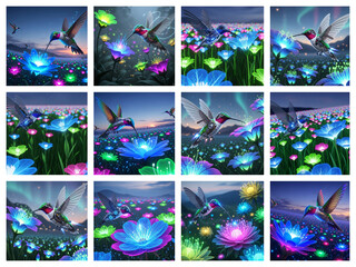 Hummingbirds with iridescent feathers hover over glowing neon flowers in a magical night field each square shows vibrant colors and fantastical nature in a dreamlike collage
