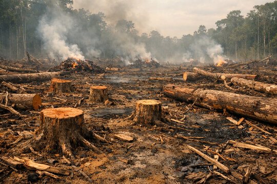 Human impact on nature: clearing rainforest for agriculture with fire.
