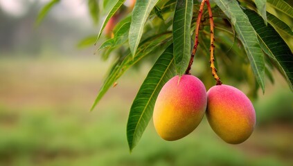 Obraz premium Vibrant Ripe Mangoes with Red-Yellow Gradient on Branch, Lush Green Tropical Backdrop.