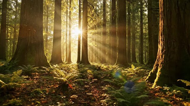 Sunlight Filtering Through Forest Trees Nature Scene.