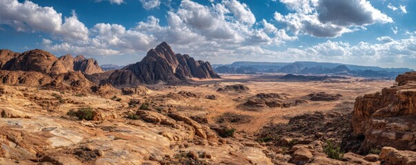 Panoramic desert landscape with dramatic mountains and a vast plain