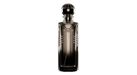 Elegant perfume bottle with decorative lines shining in the dark minimalist background,
