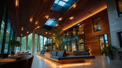 Fototapeta premium Modern office lobby with wooden accents and cozy seating area