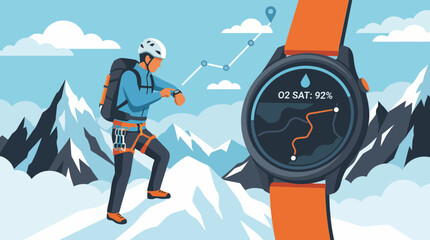 Climber checking GPS smartwatch displaying O2 Saturation and route tracking on snowy mountains, concept for outdoor sports tech, adventure mapping and health monitoring