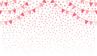 Background decorated with small red and pink hearts and curved festive bunting garlands