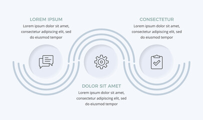 Minimal infographic with three circles with icons connected by smooth wave lines