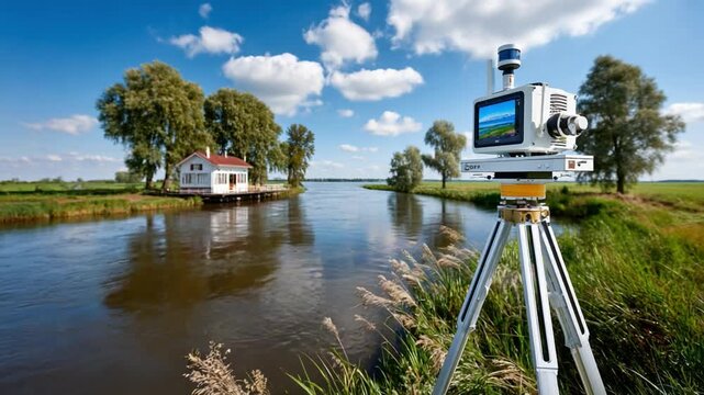 Surveying the Serene Landscape: A detailed view of a surveying instrument captures the tranquility of the nature, the instrument poised to map the land.