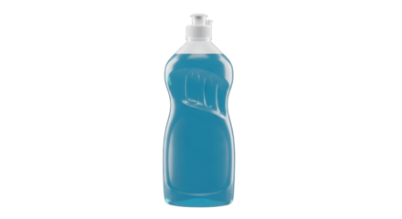 3D rendering of a transparent bottle with blue liquid for cleaning on a black background