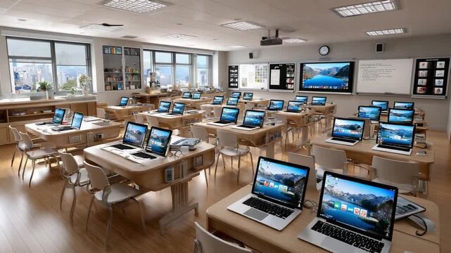 Modern Classroom: A well-equipped, sunlit classroom ready for learning, featuring rows of modern computers and technology designed to create an engaging and effective learning environment.