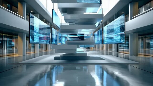 Modern Architectural Marvel: Futuristic interior showcasing a symphony of clean lines, reflecting a commitment to innovation and progress. Its expansive space filled with digital displays.